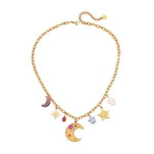 Celestial gold chain necklace with star, moon, and faux pearl charms in boho style