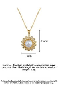 Detailed specs of sunflower pearl pendant necklace in titanium steel and zircon