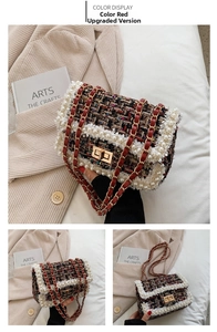 Macro detail of multicolored tweed bag featuring faux pearl trim and golden turn-lock