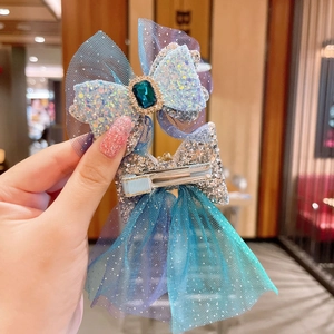 Blue and purple gradient mesh bow hair clip with sequins and rhinestones for girls