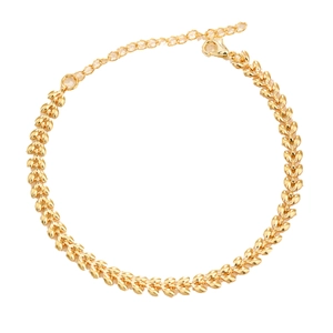 Double-layered gold wheat ear bracelet with emerald zircon heart charm on white background