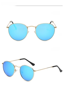 Retro round polarized sunglasses with gold metal frame and ice blue mirror lenses