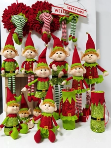 Detailed collection of 65cm Christmas elf plush toys, festive wreaths and wine bottle covers