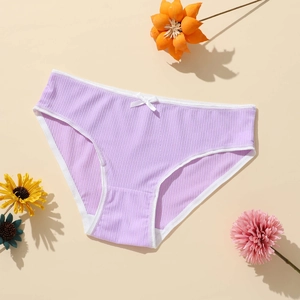 Purple ribbed low-waist women's panties with white trim and small bow decoration