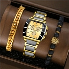 Men's gold and silver square watch with lion head bracelet set in a gift box