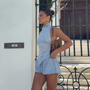 Light blue halter neck backless top and matching puff shorts two-piece summer set