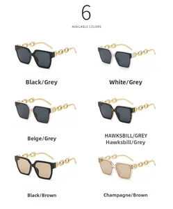 Matrix layout of six large square sunglasses featuring unique gold metal chain temples