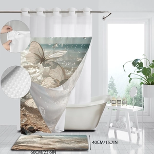 Detail of waterproof fabric shower curtain with butterfly print and matching bathroom mat