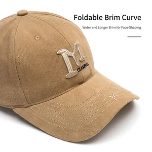 Khaki cotton baseball cap with M embroidery and wide brim for sun protection