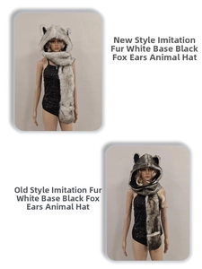 Detail view of new faux fur fox hooded scarf showing white and black tipped texture