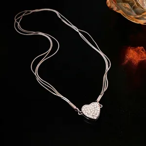 Heart Pendant Necklace Alloy Rhinestone Multilayer Three Strand Snake Bone Chain Magnetic Clasp Elegant Niche Style Women