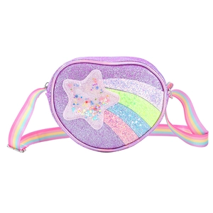Sparkly purple heart-shaped kids crossbody bag with star confetti and rainbow strap