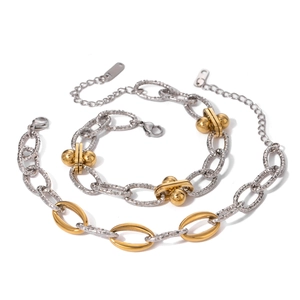 Two-tone 18k gold plated stainless steel necklace and bracelet set with textured links