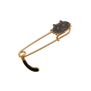 Cute black enamel cat brooch with a wagging tail charm on a gold-plated safety pin