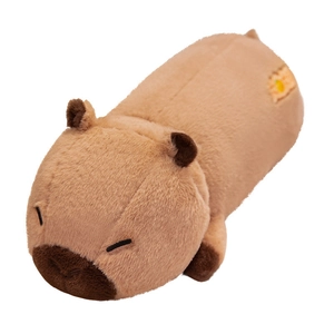 Cute soft capybara plush toy in lying pose with closed eyes on white background