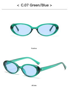 Front and side views of vintage oval sunglasses with green frames and blue lenses