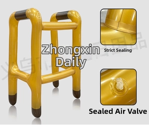 Detailed views of gold inflatable walker with reinforced edges and sealed air valve nozzle