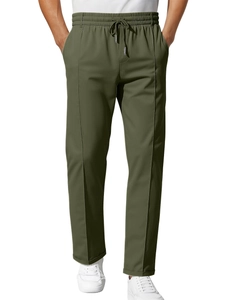 Men's slim-fit olive green casual trousers with drawstring waist and pleated front detail