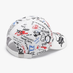 White baseball cap with colorful street graffiti print and adjustable metal buckle