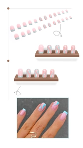 Detailed set of medium square press-on nails with blue wave and pink marble design