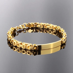 Polished gold-plated stainless steel Byzantine chain bracelet with flat ID bar detail