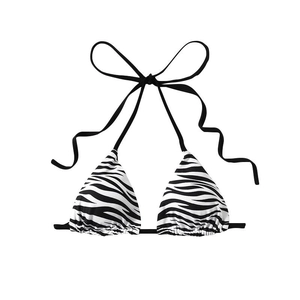 Sexy zebra print triangle bikini top with halter tie closure on a white background