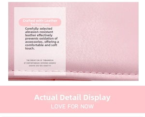 Close-up of pink textured leather jewelry box showing stitching and pebble grain surface