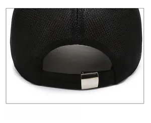 Detail of breathable mesh baseball cap with adjustable silver metal buckle at the back