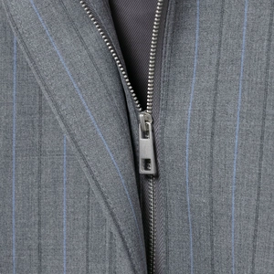 Striped grey and blue varsity bomber jacket with premium metal zipper detail