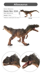 Detail of Allosaurus toy showing textured scales, 24x7x10cm size and movable lower jaw