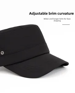 Close-up of a black quick-dry flat cap with foldable wide brim and metal side eyelet