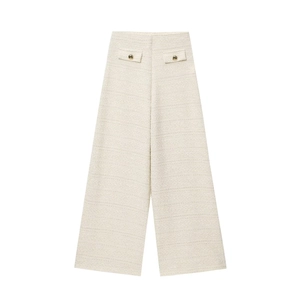 Pantalon large crème taille haute texturé pour femme avec détails boutons dorés chic
