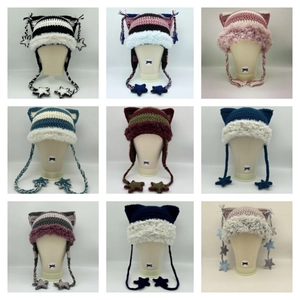 Handmade crochet cat ear beanies with star charms and stripes in nine color patterns