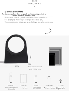 Size guide for black leather handbag with ring handle showing exact dimensions and daily items