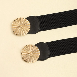 Fashionable black elastic wide waist belt with premium golden circular textured buckle