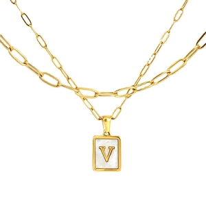 Layered 18K gold-plated paperclip chain necklace with square mother-of-pearl letter V pendant