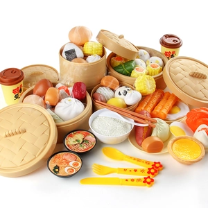 Kids pretend play kitchen toy set featuring realistic Chinese breakfast food and steam baskets