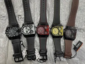 Detail view of large trapezoid multi-timezone men watches with leather straps