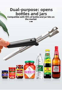 Macro detail of ergonomic stainless steel multi-functional bottle and jar opener tool