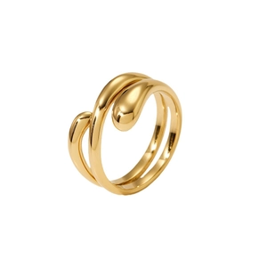Minimalist double layer gold plated stainless steel ring with elegant teardrop ends