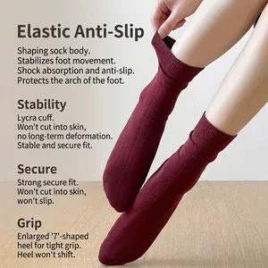Solid burgundy combed cotton crew socks with Lycra non-slip cuffs and rib-knit texture
