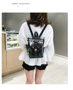 Detail of transparent PVC backpack with black inner pouch and drawstring closure