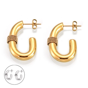 Polished gold and silver U-shaped hoop earrings with woven texture and mirror finish