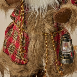 Standing Santa Claus doll in classic plaid suit with lantern and faux fur collar decoration