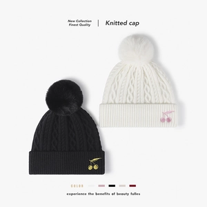 Women Knitted Beanie Hat Faux Cashmere Winter Warm Cable Knit With Pom Pom Cherry Embroidery Thick Fleece Lined Outdoor