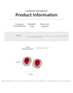 Detail specifications of 18K gold plated oval earrings with red gems and zircon stones