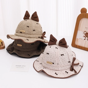 Brown series baby bow polka dot corduroy sun hats with drawstring for winter warmth