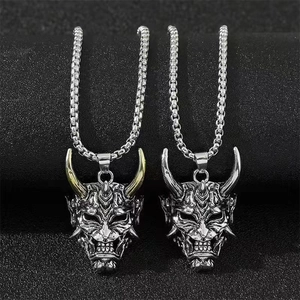 Retro Alloy Hannya Mask Pendant Necklace Gothic Punk Demon Ghost Face Jewelry Halloween Gift