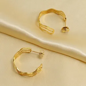 Geometric Wave Line Hoop Earrings 18K Gold Plated Stainless Steel C-Shaped Ins Style Fashion Jewelry For Women