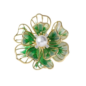 Elegant floral enamel brooch with green petals, white pearl and gold metal finish